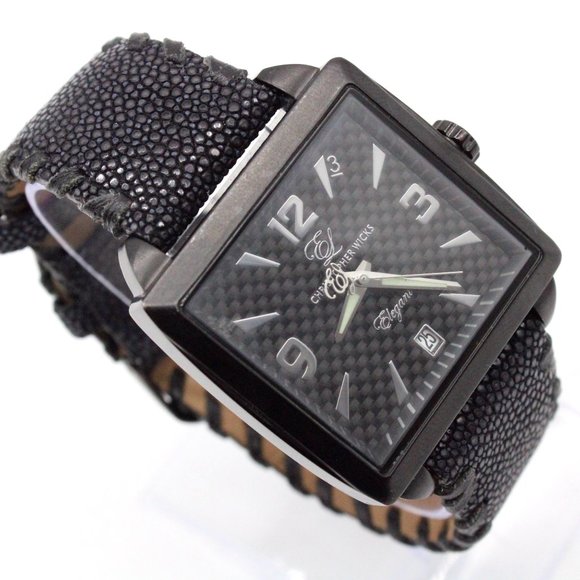Christopher Wicks Watch Mens Black Tone Stainless Steel Classic Leather Band - Picture 1 of 9